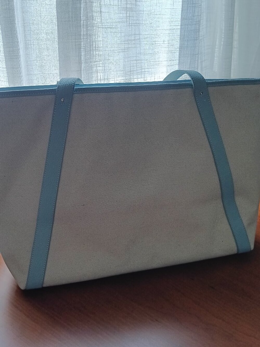 NWT Neely and Chloe Travel Tote Light Blue Pebbled Leather & White Canvas